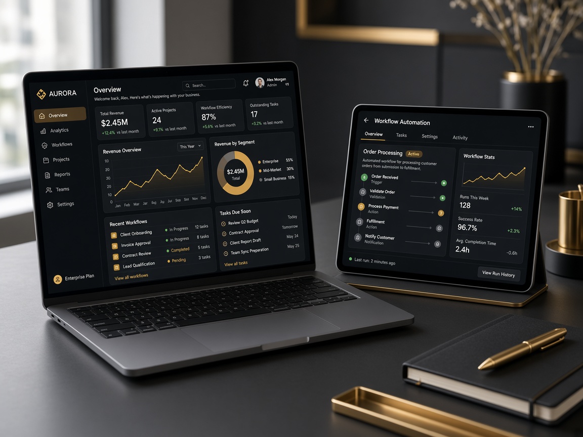 Laptop and tablet displaying Softrix business software interfaces